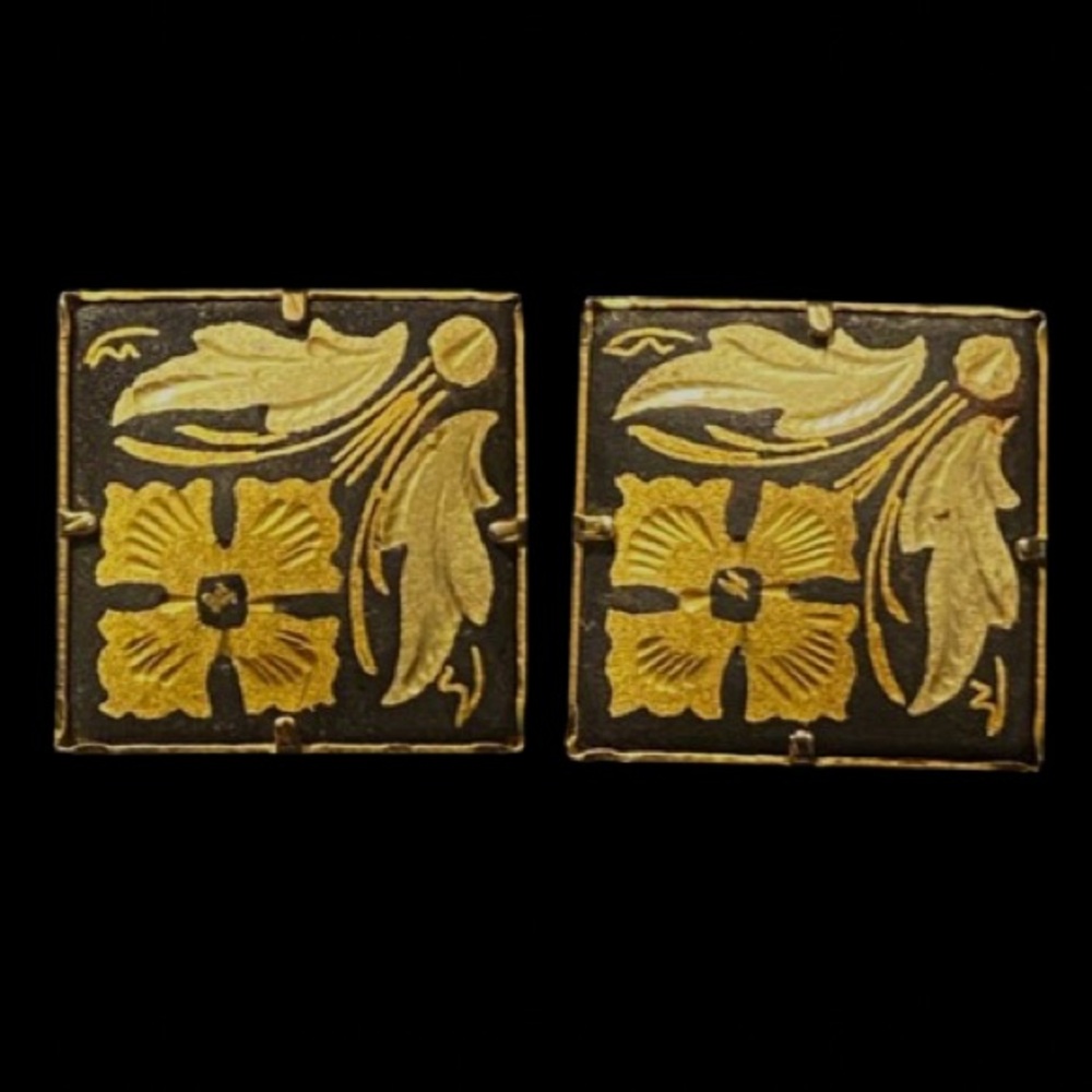 Vintage Damascene Square Clip On Etched Earrings Floral Design Gold and Black